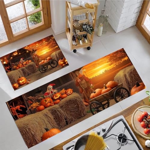 MULERN Küchenteppich Set 2 Stück, Heuhaufen Kürbis rutschfeste Küchenmatte Set, Waschbare Küchenbodenmatte für Küche, Eingang, Flur Läuferset Halloween Thema Läufer, 43x75cm+43x150cm, Orange MULERN Küchenteppich Set 2 Stück, Heuhaufen Kürbis rutschfeste Küchenmatte Set, Waschbare Küchenbodenmatte für Küche, Eingang, Flur Läuferset Halloween Thema Läufer, 43x75cm+43x150cm, Orange von MULERN
