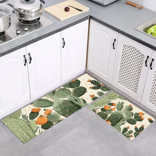 MULERN Küchenteppich Set 2 Stück, Obst Kaktus rutschfeste Küchenmatte Set, Waschbare Küchenbodenmatte für Küche, Eingang, Flur Läuferset Böhmen Läufer, 40x60cm+40x120cm, Grün MULERN Küchenteppich Set 2 Stück, Obst Kaktus rutschfeste Küchenmatte Set, Waschbare Küchenbodenmatte für Küche, Eingang, Flur Läuferset Böhmen Läufer, 40x60cm+40x120cm, Grün von MULERN