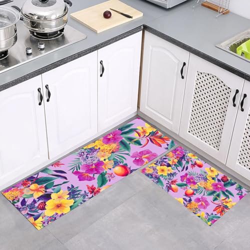 MULERN Küchenteppich Set 2 Stück, Tropisch Blumen Obst rutschfeste Küchenmatte Set, Waschbare Küchenbodenmatte für Küche, Eingang, Flur Läuferset Mode Sommer Läufer, 43x75cm+43x150cm, Lila von MULERN