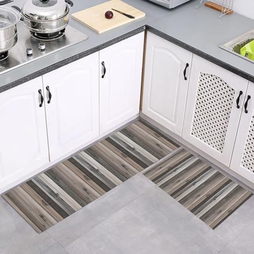 MULERN Küchenteppich Set 2 Stück, Verwittert Holzplatte rutschfeste Küchenmatte Set, Waschbare Küchenbodenmatte für Küche, Eingang, Flur Läuferset Rustikal Bauernhaus Läufer, 40x60cm+40x120cm, Taupe MULERN Küchenteppich Set 2 Stück, Verwittert Holzplatte rutschfeste Küchenmatte Set, Waschbare Küchenbodenmatte für Küche, Eingang, Flur Läuferset Rustikal Bauernhaus Läufer, 40x60cm+40x120cm, Taupe von MULERN