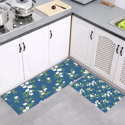 MULERN Küchenteppich Set 2 Stück, Weiße Blüten Grüne Blätter rutschfeste Küchenmatte Set, Waschbare Küchenbodenmatte für Küche, Eingang, Flur Läuferset Landhausstil Läufer, 43x75cm+43x150cm, Blau von MULERN