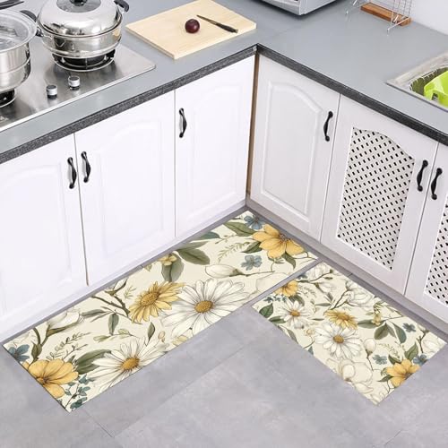 MULERN Küchenteppich Sets Gänseblümchen Magnolie, Vintage Wildblumen 2 Stück rutschfeste Küchenmatten und Teppiche Läuferset, Gummibacking Absorbierende Waschbare Bodenmatten, 43x75cm+43x150cm, Creme MULERN Küchenteppich Sets Gänseblümchen Magnolie, Vintage Wildblumen 2 Stück rutschfeste Küchenmatten und Teppiche Läuferset, Gummibacking Absorbierende Waschbare Bodenmatten, 43x75cm+43x150cm, Creme von MULERN