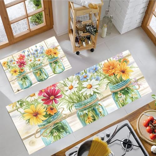 MULERN Küchenteppich Sets Glasgefäß Wildblumen, Vintage Natur 2 Stück rutschfeste Küchenmatten und Teppiche Läuferset, Gummibacking Absorbierende Waschbare Bodenmatten, 40x60cm+40x120cm, Orange Grün von MULERN