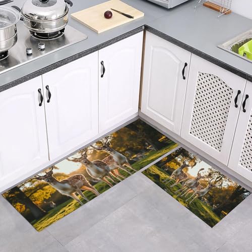 MULERN Küchenteppich Sets Grasland Hirsch, Natur Realistisch 2 Stück rutschfeste Küchenmatten und Teppiche Läuferset, Gummibacking Absorbierende Waschbare Bodenmatten, 43x75cm+43x150cm, Orange Grün von MULERN