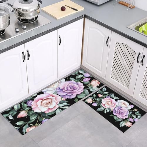 MULERN Küchenteppich Sets Rose Grüne Blätter, Landschaft Blumen 2 Stück rutschfeste Küchenmatten und Teppiche Läuferset, Gummibacking Absorbierende Waschbare Bodenmatten, 43x75cm+43x150cm, Lila Grün MULERN Küchenteppich Sets Rose Grüne Blätter, Landschaft Blumen 2 Stück rutschfeste Küchenmatten und Teppiche Läuferset, Gummibacking Absorbierende Waschbare Bodenmatten, 43x75cm+43x150cm, Lila Grün von MULERN