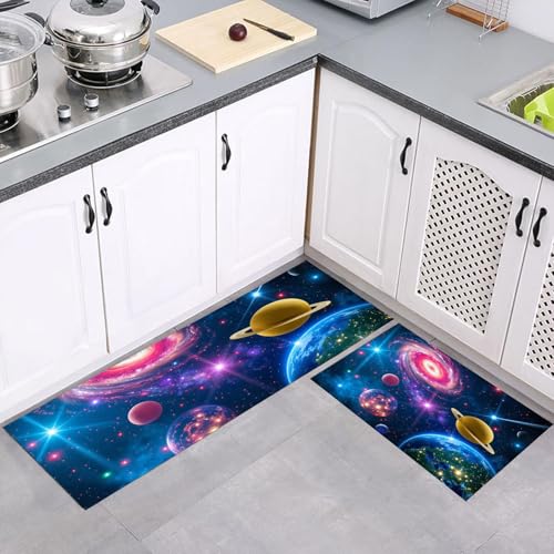 MULERN Küchenteppich Sets Weltraum Galaxien, Universum Himmlisch 2 Stück rutschfeste Küchenmatten und Teppiche Läuferset, Gummibacking Absorbierende Waschbare Bodenmatten, 43x75cm+43x150cm, Lila Blau von MULERN