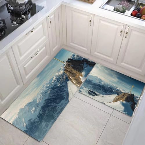 MULERN Küchenteppiche rutschfest Waschbarer, Verschneite Berge Küchenläufer Küchenmatten, Flur Wohnzimmer Boden Badezimmer Küchen Teppich, Landschaft Staubdicht Fußmatte 43X75Cm+43X150Cm von MULERN
