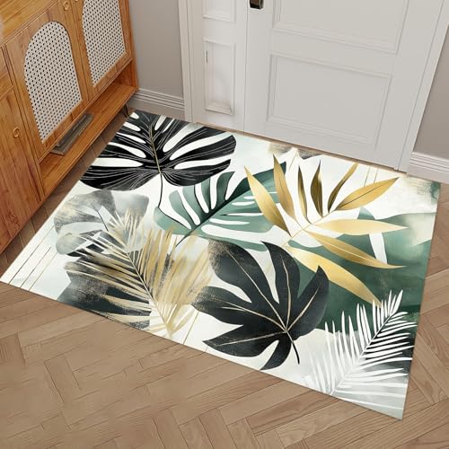 MULERN Schmutzfänger Saugfähige Fußmatte, Böhmisch Türvorleger Waschbare rutschfeste Eingangsmatte, Tropisch Botanisch Sauberlaufmatte Flur Teppich Innen, 90x150cm, Weiß von MULERN