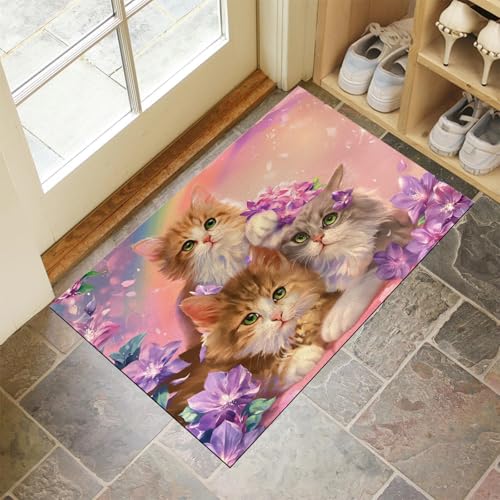 MULERN Schmutzfangmatte Innen 50X80Cm Maschinenwaschbare Fußmatte, Sauberlaufmatte, DREI Katzen Lila Blumen Eingangstürmatte Mit Wasserabsorbierenden, Fussmatte Für Hund, Eingang, Haustür & Flur MULERN Schmutzfangmatte Innen 50X80Cm Maschinenwaschbare Fußmatte, Sauberlaufmatte, DREI Katzen Lila Blumen Eingangstürmatte Mit Wasserabsorbierenden, Fussmatte Für Hund, Eingang, Haustür & Flur von MULERN