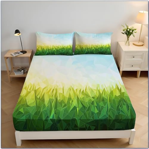 Spannbettlaken Geometrie Illustration, Weich Atmungsaktivem Polygon Gras Muster 180x200cm Spannbetttuch für Boxspringbett Kinder Schlafzimmer, 30cm Tiefe Elastische Tasche, Gelbgrün von MULERN