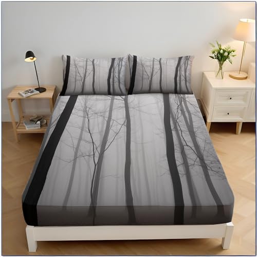 Spannbettlaken Natur Fotografie, Weich Atmungsaktivem Nebel Wald Muster 90x200cm Spannbetttuch für Boxspringbett Kinder Schlafzimmer, 30cm Tiefe Elastische Tasche, Asche von MULERN