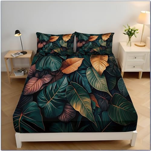 Spannbettlaken Natur Pflanzen, Weich Atmungsaktivem Tropisch Blätter Muster 140x200cm Spannbetttuch für Boxspringbett Kinder Schlafzimmer, 30cm Tiefe Elastische Tasche, Smaragdgrün von MULERN