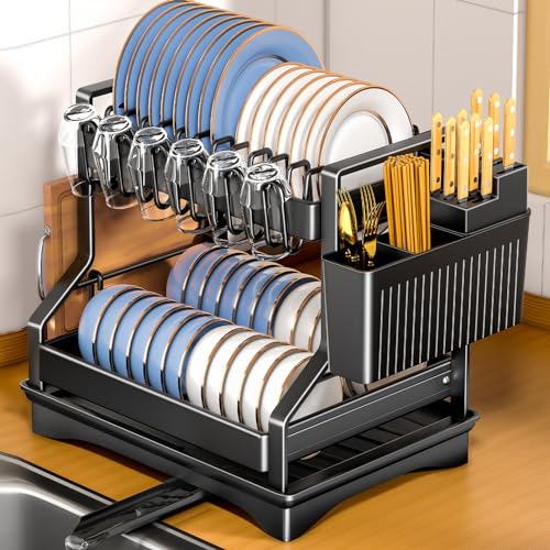 MULEVIP Dish Drying Rack 2 Ebenen Abtropfgestell,Geschirrtrockner,Automatische Entwässerung,Abtropfgestell Geschirr,Geschirr Abtropfständer mit Tassenhalter,Schneidebretthalter,Besteckhalter(Schwarz) von MULEVIP