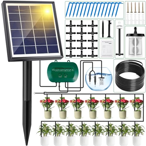 MULEVIP Solar Bewässerungssystem 2025 Automatische Bewässerungssystem Garten, Garten Bewässerungssystem Tröpfchenbewässerung System mit Timer und 15M Schlauch, für Garten,Balkon Pflanzen,Freien von MULEVIP