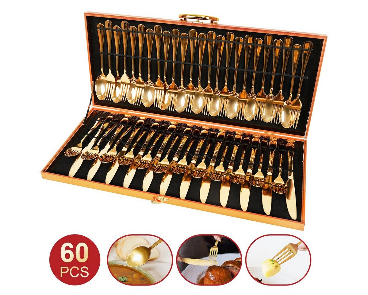 MULISOFT Besteck-Set 60tlg. Besteckset für 12 Personen mit luxuriöser Holzbox (60-tlg), 12 Personen, Edelstahl, Essbesteck Set aus Edelstahlbesteck, Spülmaschinenfest von MULISOFT