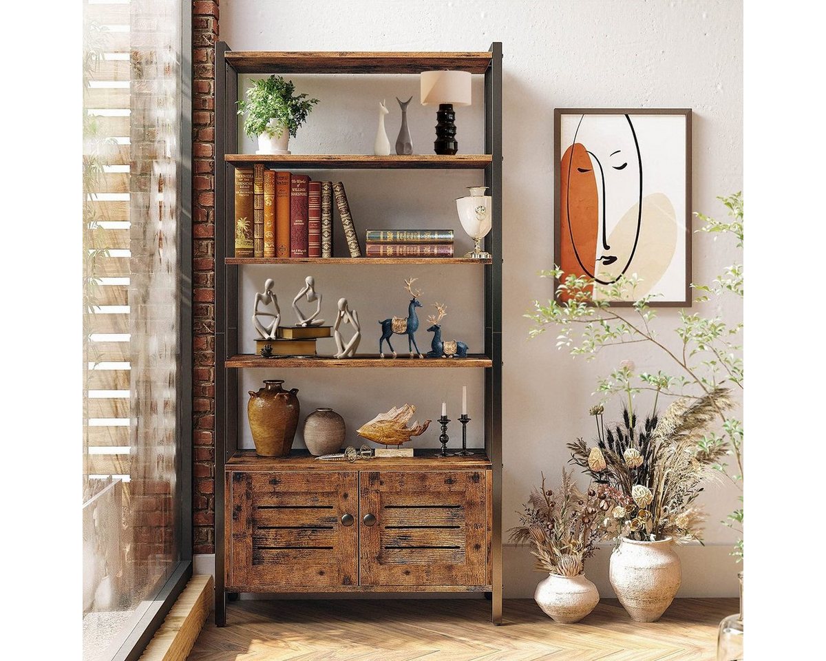 MULISOFT Bücherregal Bücherregal 5 Fächer, Aufbewahrungsregal mit Metallrahmen 75x28x144cm, Standregal Bücherschrank mit Schrank für Wohnzimmer Büro von MULISOFT