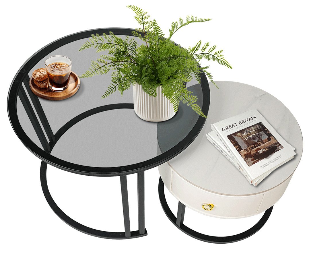 MULISOFT Couchtisch 2er Set Wohnzimmertisch mit Schublade (Metallmaterial, rund Tischplatte aus Rauchglas and Marmor), Kaffeetisch Satztisch Sofatisch von MULISOFT