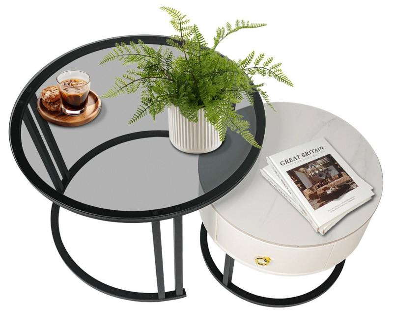 MULISOFT Couchtisch 2er Set Wohnzimmertisch mit Schublade (Metallmaterial, rund Tischplatte aus Rauchglas and Marmor), Kaffeetisch Satztisch Sofatisch von MULISOFT