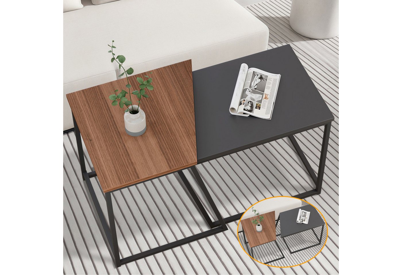 MULISOFT Couchtisch Beistelltisch 2er Set Satztisch Sofa Tisch für Wohnzimmer (großer Tisch(45x47cm),Kleiner Tisch(42x40cm), 2er Set), Kaffeetisch Couchtisch Modern Schwarz von MULISOFT