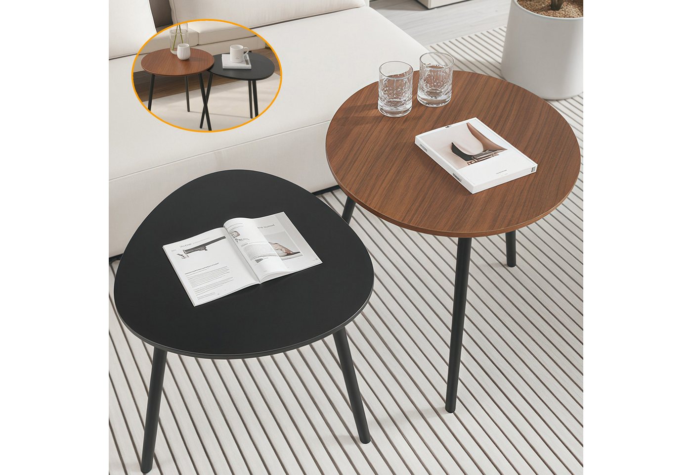 Simloveve Couchtisch Beistelltisch 2er Set Satztisch Sofa Tisch für Wohnzimmer (großer Tisch(45x47cm),Kleiner Tisch(42x40cm), 2er Set), Kaffeetisch Couchtisch Modern Schwarz von Simloveve