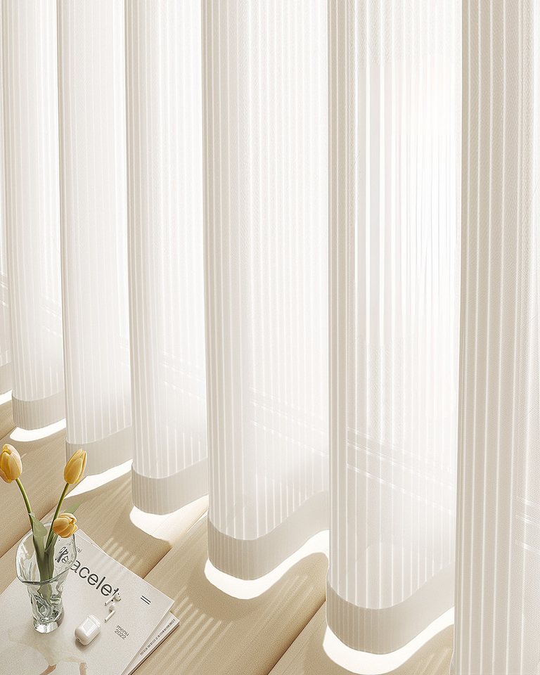 MULISOFT Gardine Weiß Längsstreifen klassische Design 2er-Set Vorhänge, Ösen (2 St), halbtransparent, Polyester, Licht-und Schattenefekt von MULISOFT