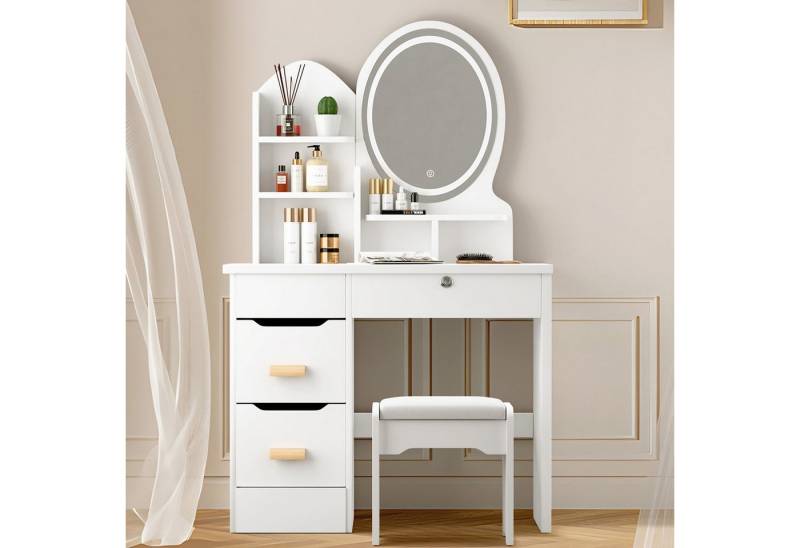 Simloveve Schminktisch mit LED-Beleuchtung Einstellbarer Helligkeit,mit Hocker,Kosmetiktisch (Schminktisch 80×36×138cm + Hocker 32×22×34cm, 2-St., Schminktisch mit Hocker), Schminktisch mit 4 Schubladen 3 Ablagen,Weiß,für Makeup von Simloveve