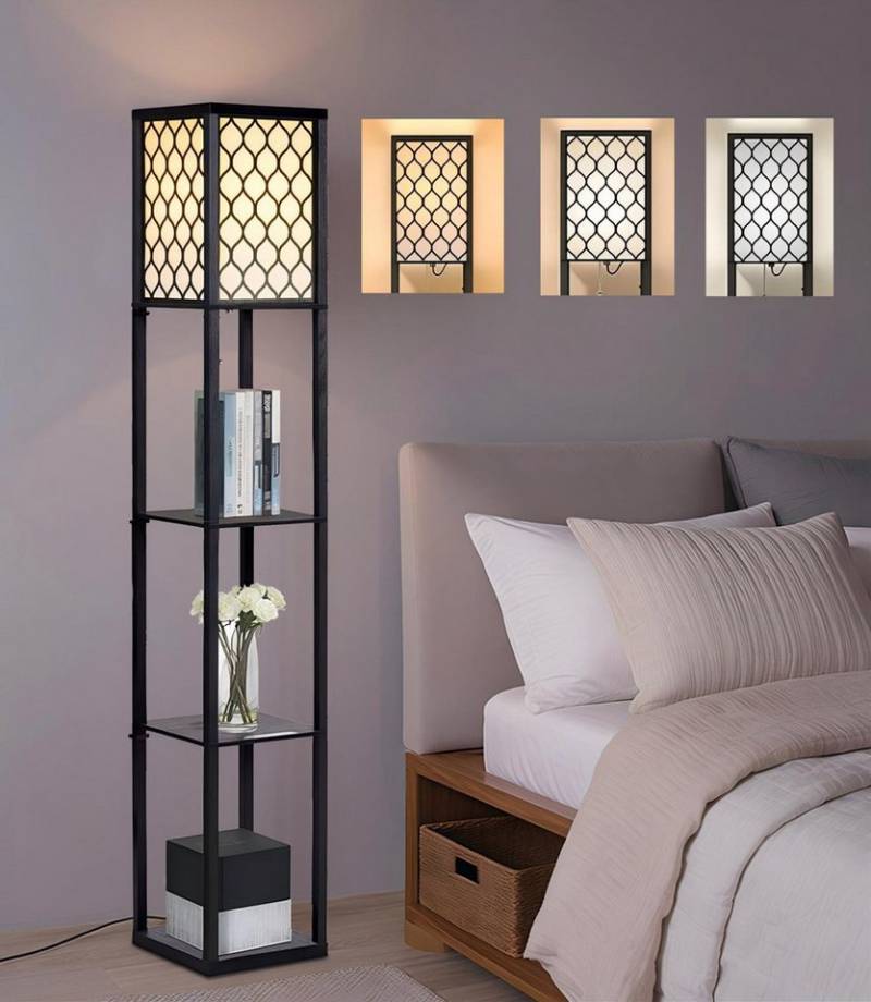 Simloveve Stehlampe mit E27 9W LED Glühbirne, 3 Farbtemperatur, LED wechselbar, Standleuchte mit 3 Ebenen Holz Regal, Stehleuchte für Wohnzimmer von Simloveve