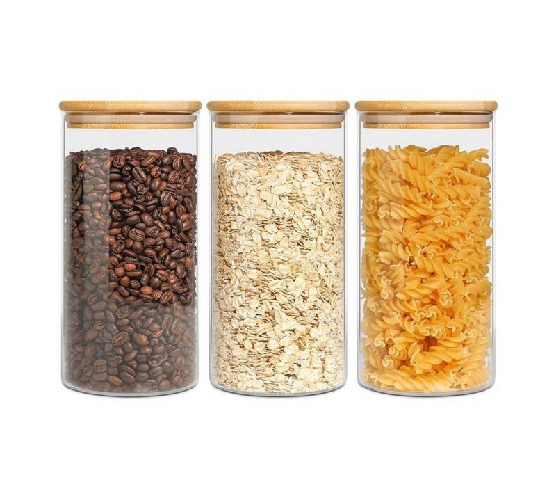 Simloveve Vorratsdose, (1200ml x 3er Set Vorratsglas, 3-tlg), Glasgefäße mit Bambusdeckeln und Silikonring von Simloveve