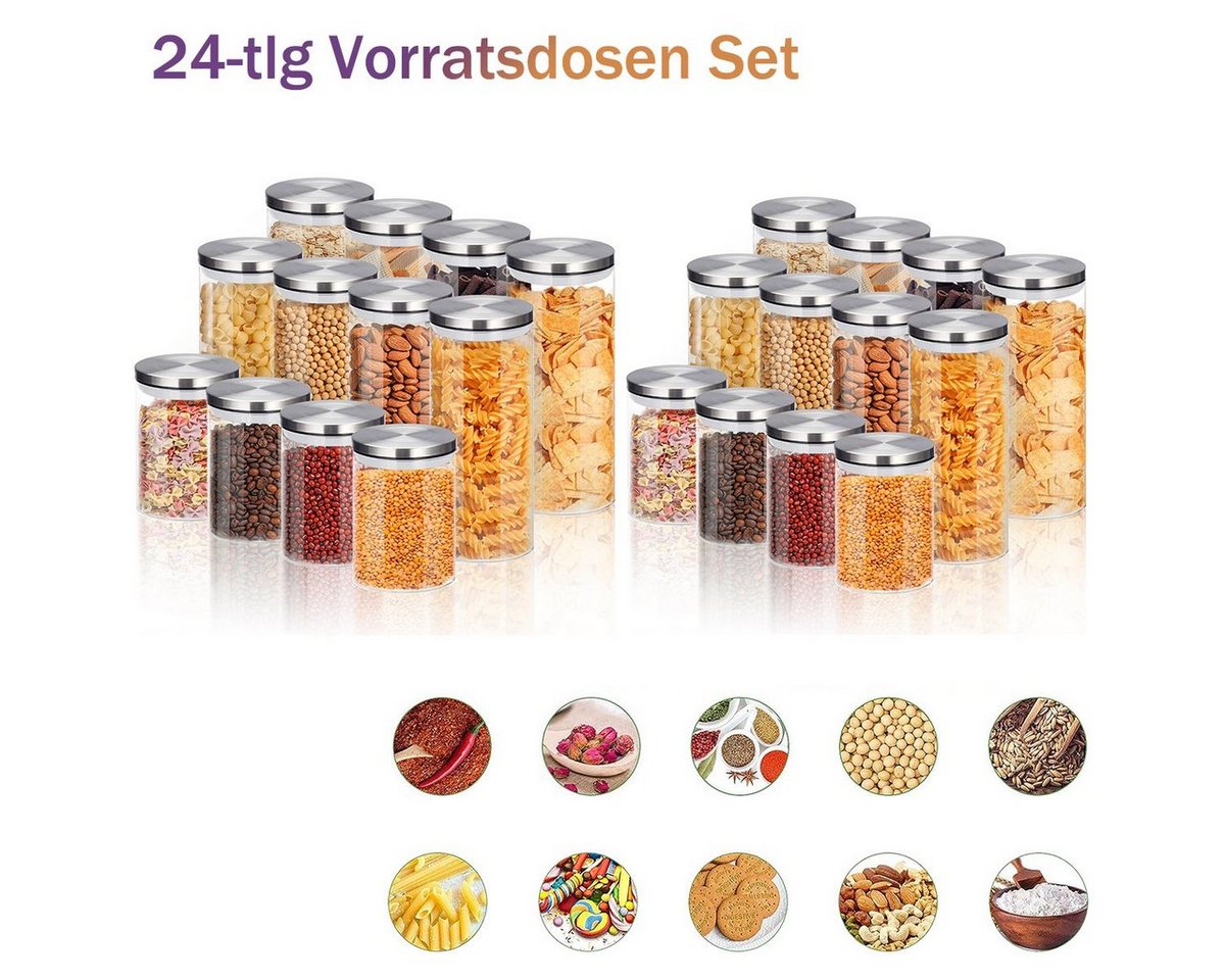 MULISOFT Vorratsglas Vorratsdosen Mit Deckel Luftdicht, 24er Vorratsdosen Set, Glas, (24-tlg), Mehl und Müsli Aufbewahrung, Deckel aus Edelstahl, Aufbewahrungsbox von MULISOFT