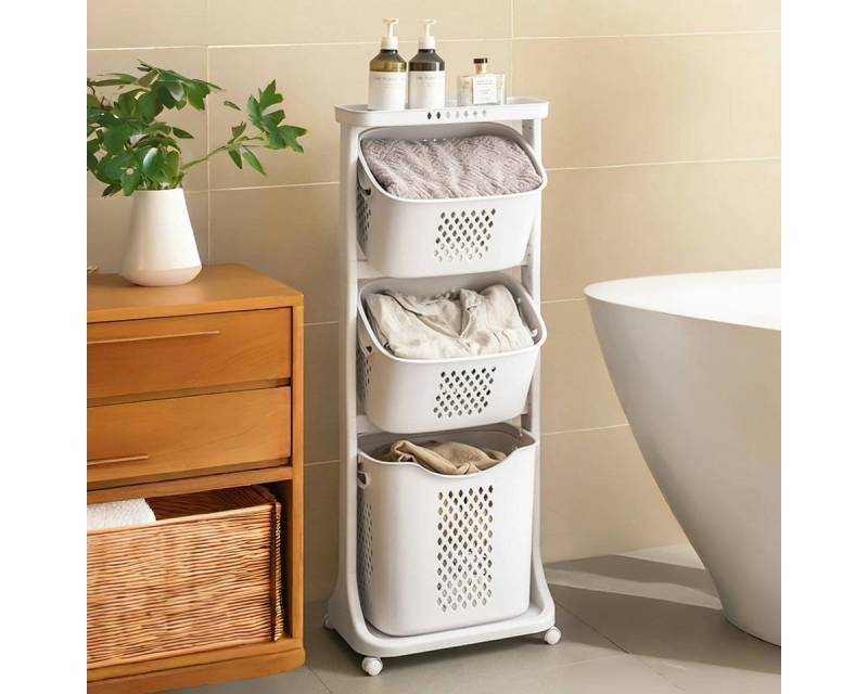 Simloveve Wäschekorb Wäschebox 3 Fächer Wäschesortierer (Wäschekorb mit 4 Rollen), Laundry Organizer Abnehmbarer Wäschekorb von Simloveve
