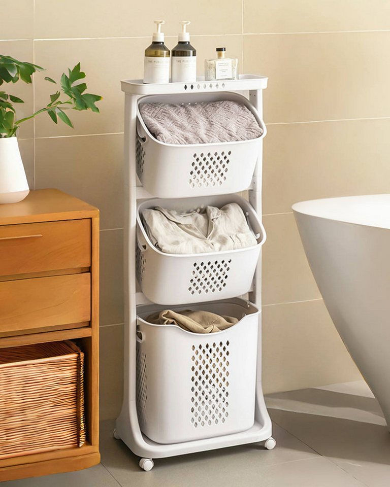 Simloveve Wäschekorb Wäschebox auf Kunststoff,Wäschekorb mit 4 Rollen,Wäschesammler (1 St), Wäschekorb 3 Fächern,Aufbewahrungsbox,Ausziehwäschekorb von Simloveve