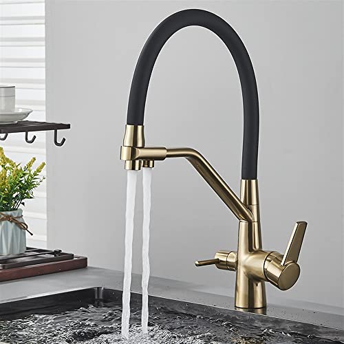 Küchenarmatur Gefilterter Wasserhahn for die Küche, Reiniger-Wasserhahn aus gebürstetem Goldmessing, Dual-Sprayer-Trinkwasserhahn, Waschbecken-Mischbatterie Küchenmischer (Color : Brushed Gold) von MUMMUG