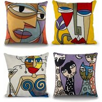 Mumu - 4er Set Picasso Kissenbezüge 45 x 45 cm bestickt Baumwolle Leinen Sofakissenbezüge skandinavisch Wohnzimmerdeko Schlafzimmer Bett Bürosessel von MUMU