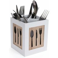 Besteckkasten aus Holz - Besteckkorb für Löffel, Gabel, Messer - Dekorativer Besteckkasten mit Besteckmuster - für Esstisch, Küche, Restaurant - Weiß von MUMU