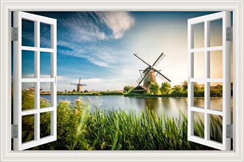 MUMUWUSG Vinyl 3D Wandaufkleber 120X80Cm Pflanzen See Himmel Windmühle Fototapete Tapete Wanddeko 3D Effekt, Fototapeten Blick Durchs Fenster Illusion 3D Tapeten Wohnzimmer Schlafzimmer von MUMUWUSG