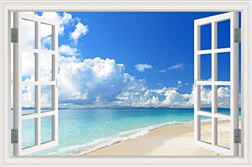 MUMUWUSG Vinyl 3D Wandaufkleber 60X40Cm Blau Himmel Strand Landschaft Wandtattoo Wandaufkleber 3D Fensteransicht Aufkleber Grafik Wandaufkleber Kunst Wandbild Dekoration ​- Wandbild Poster von MUMUWUSG