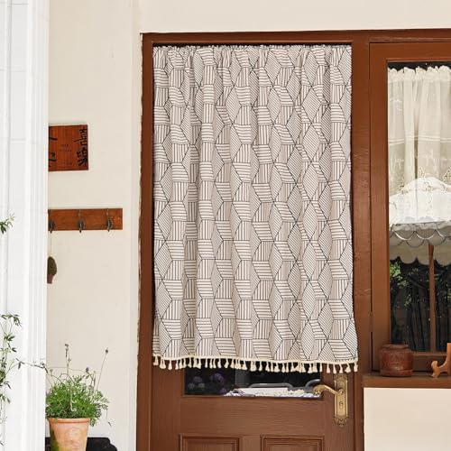 MUMUXIAO Fenstervorhänge für französische Türen, Boho-Türschatten mit Quasten, 140 cm breit, geometrischer Fenstervorhang, Lichtfilterung, Bauernhaus-Vorhang für Haustüren, Grau, 140 x 200 cm (B x L) von MUMUXIAO