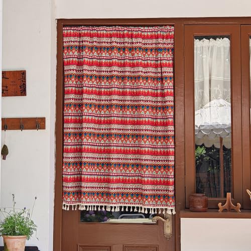 MUMUXIAO Fenstervorhänge für französische Türen, Boho-Türschatten mit Quasten, 140 cm breit, geometrischer Fenstervorhang, Lichtfilterung, Bauernhaus-Vorhang für Haustüren, Rot, 140 x 230 cm (B x L) von MUMUXIAO