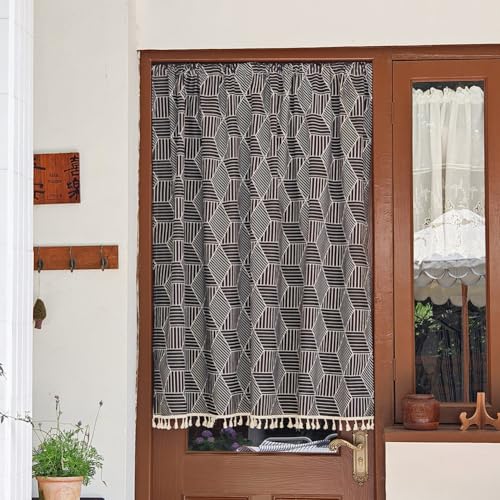 MUMUXIAO Fenstervorhänge für französische Türen, Boho-Türschatten mit Quasten, 140 cm breit, geometrischer Fenstervorhang, Lichtfilterung, Bauernhaus-Vorhang für Haustüren, Schwarz, 140 x 150 cm (B x von MUMUXIAO