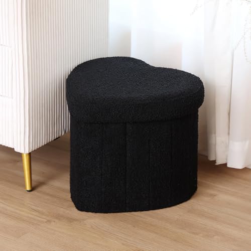 MUMUXIAO Gepolsterter Ottomanen-Aufbewahrung, herzförmiger Fußstütze, Hocker, zusammenklappbare Fußstütze für Wohnzimmer, Schlafzimmer, flauschiger Plüsch, gepolsterter Sitz, Ottomane, Box (schwarz) von MUMUXIAO