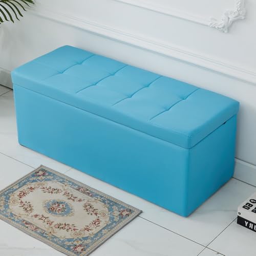 MUMUXIAO Ottoman-Bank, Leder-Eingangsbank, gepolsterter Sitz mit großem Stauraum, robuste Fußstütze, Hocker, gepolsterter Bett-Endhocker, Ottomane (Blau, 60 cm) von MUMUXIAO