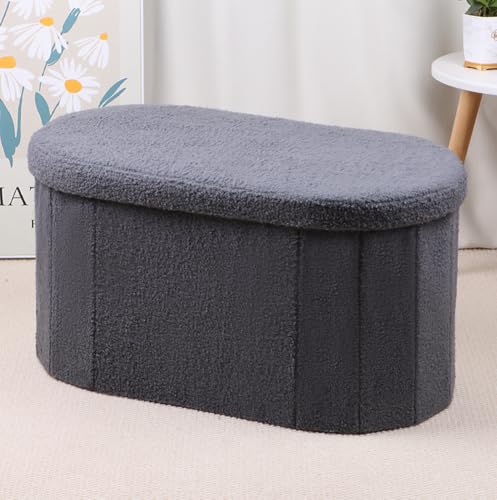 MUMUXIAO Ottomane, ovale Sitzbank, getuftete Fußstütze, Hocker für Schlafzimmer, Eingangsbereich, Sherpa-Klapptruhe, gepolstert, Sitz, Fußstütze, Hocker (grau) von MUMUXIAO