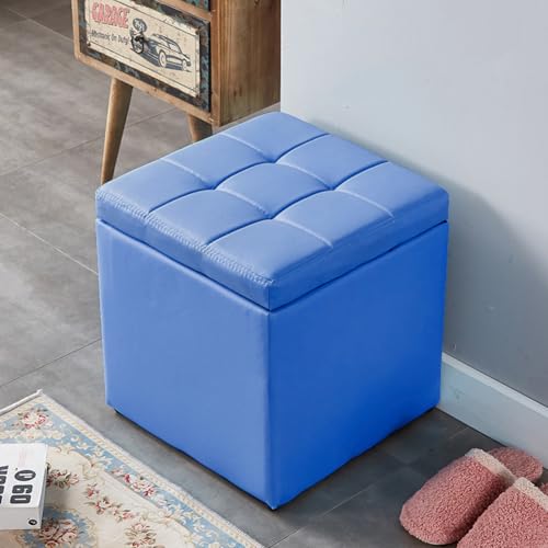 MUMUXIAO Quadratischer Polsterhocker mit Stauraum, gepolsterter Sitz, kleiner Würfel-Fußstütze, Hocker für Wohnzimmer, Eingangsbereich, Kunstleder, getufteter Fußhocker mit Scharnierdeckel, Blau von MUMUXIAO