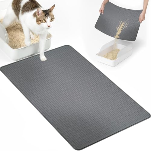 Silikon-Katzenstreu-Matte mit erhöhtem Rand, wasserfest, rutschfeste Gummiunterlage für Boden, einfache Reinigung, 86 x 56 cm, Grau von MUMUXIAO