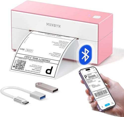 MUNBYN Bluetooth Etikettendrucker Label Drucker 4x6 Thermodrucker DHL UPS Versandetiketten Drucker Thermal Printer ettiketiergerät für Versandpakete Kompatibel mit Ebay Amazon Etsy Wish Rosa von MUNBYN