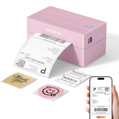 MUNBYN DHL Etikettendrucker Bluetooth, Label Printer 4x6 Versandetiketten Drucker, Thermodrucker Labeldrucker für Shopify Zalando Ebay Etsy Amazon DPD UPS, mit 25 Etiketten, ITPP130B Rosa von MUNBYN