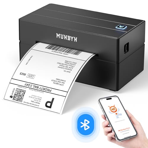 MUNBYN DHL Etikettendrucker Bluetooth 4XL Labeldrucker DHL Versandetiketten Drucker Bluetooth Thermal Printer für Amazon Shopify Ebay DHL Hermes DPD UPS FedEx, ITPP130B Schwarz von MUNBYN