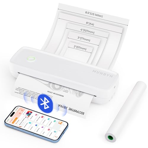 MUNBYN Mobiler Drucker Bluetooth Thermodrucker A4 203DPI Inkless Printer Kompatibel mit Android & iOS für Handy & Laptop, Unterstützt 210x297mm A4 Thermopapier, ITP04 Weiß von MUNBYN