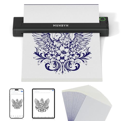MUNBYN Tattoo Drucker Bluetooth, Stencil Drucker, Tattoo Printer Thermodrucker mit 20 Blatt A4 Transferpapier, Kompatibel mit Android iOS macOS Windows, ITP05, Schwarz von MUNBYN