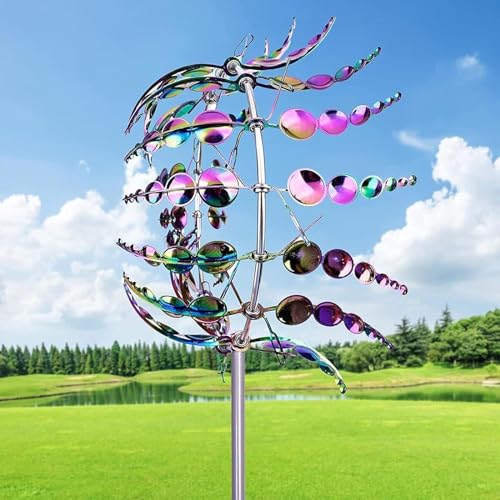 MUNCHIN Einzigartige und magische Metall Windmühle, 3D Windbetriebene Kinetische Windrad Garten Metall, Rostfrei Gartenstecker Windspiel, für Terrasse Rasen und Garten Dekoration,Multicolour von MUNCHIN